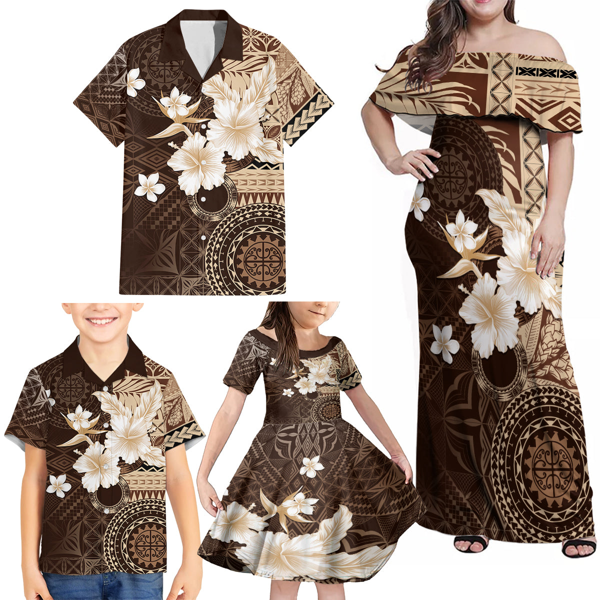 Samoa Siapo Pattern With Brown Hibiscus Family Matching Off Shoulder Maxi Dress and Hawaiian Shirt LT05 - Polynesian Pride