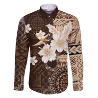 Samoa Siapo Pattern With Brown Hibiscus Family Matching Off Shoulder Short Dress and Hawaiian Shirt LT05 Dad's Shirt - Long Sleeve Brown - Polynesian Pride