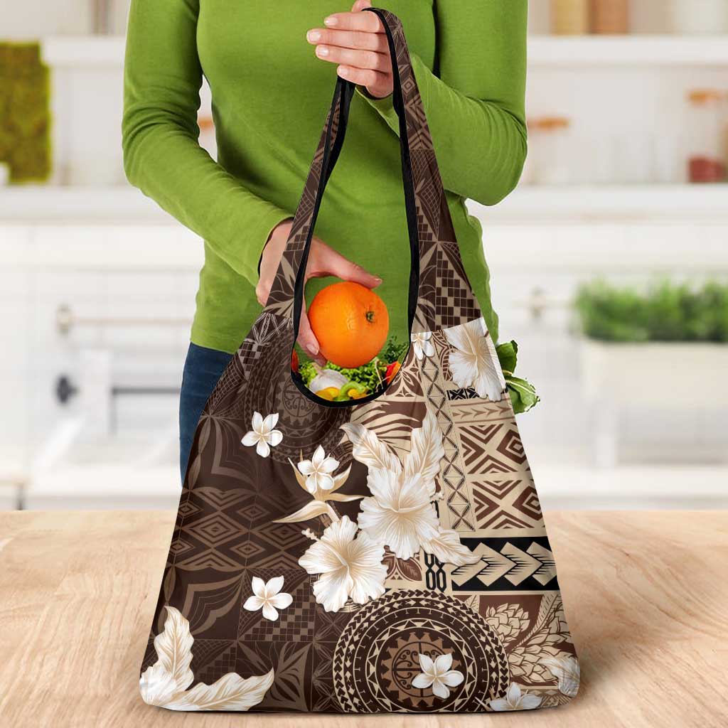 Samoa Siapo Pattern With Brown Hibiscus Grocery Bag