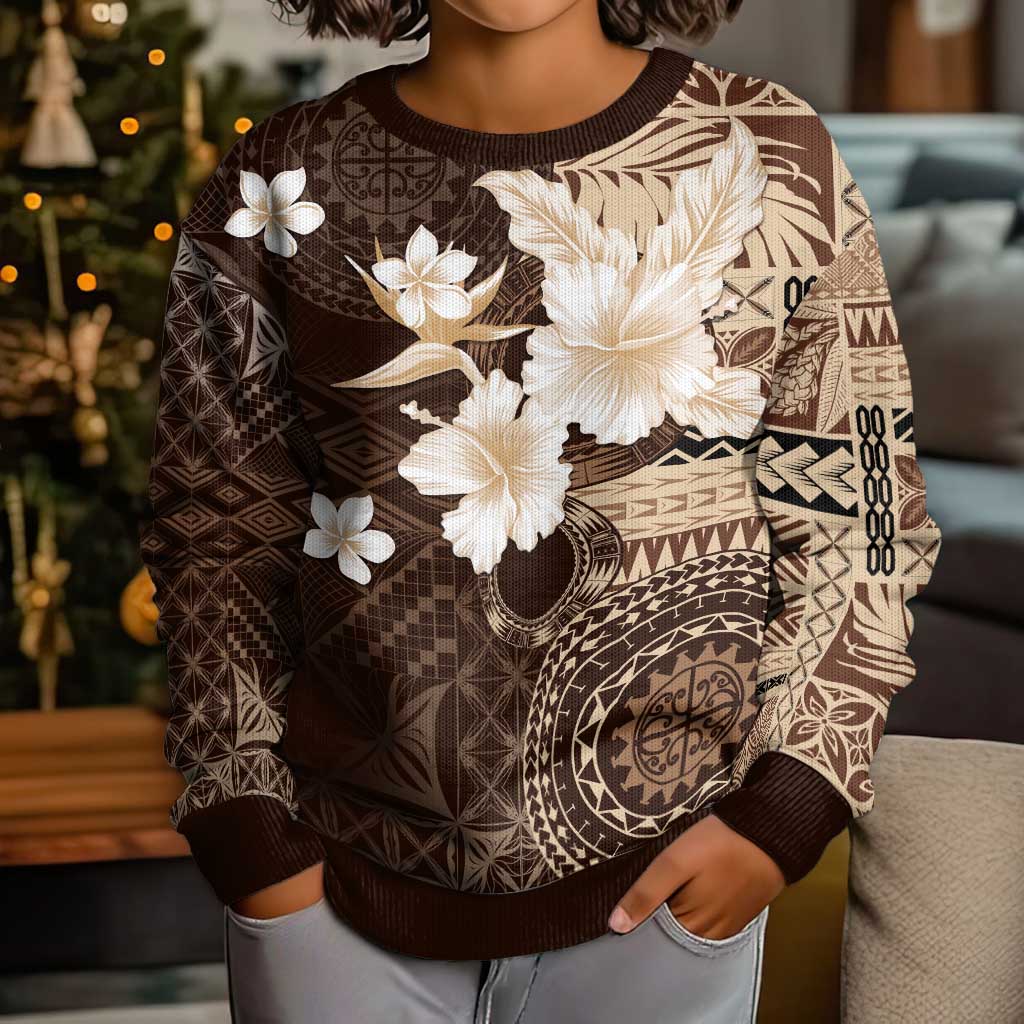 Samoa Siapo Pattern With Brown Hibiscus Kid Ugly Christmas Sweater
