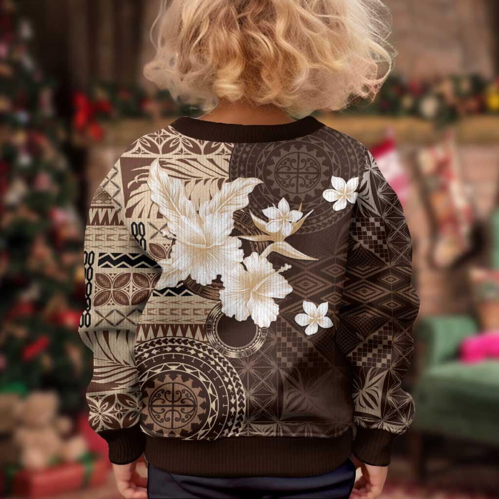 Samoa Siapo Pattern With Brown Hibiscus Kid Ugly Christmas Sweater