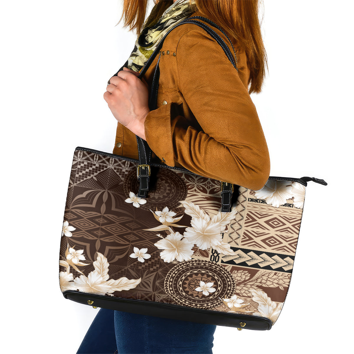 Samoa Siapo Pattern With Brown Hibiscus Leather Tote Bag