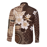 Samoa Siapo Pattern With Brown Hibiscus Long Sleeve Button Shirt LT05 - Polynesian Pride