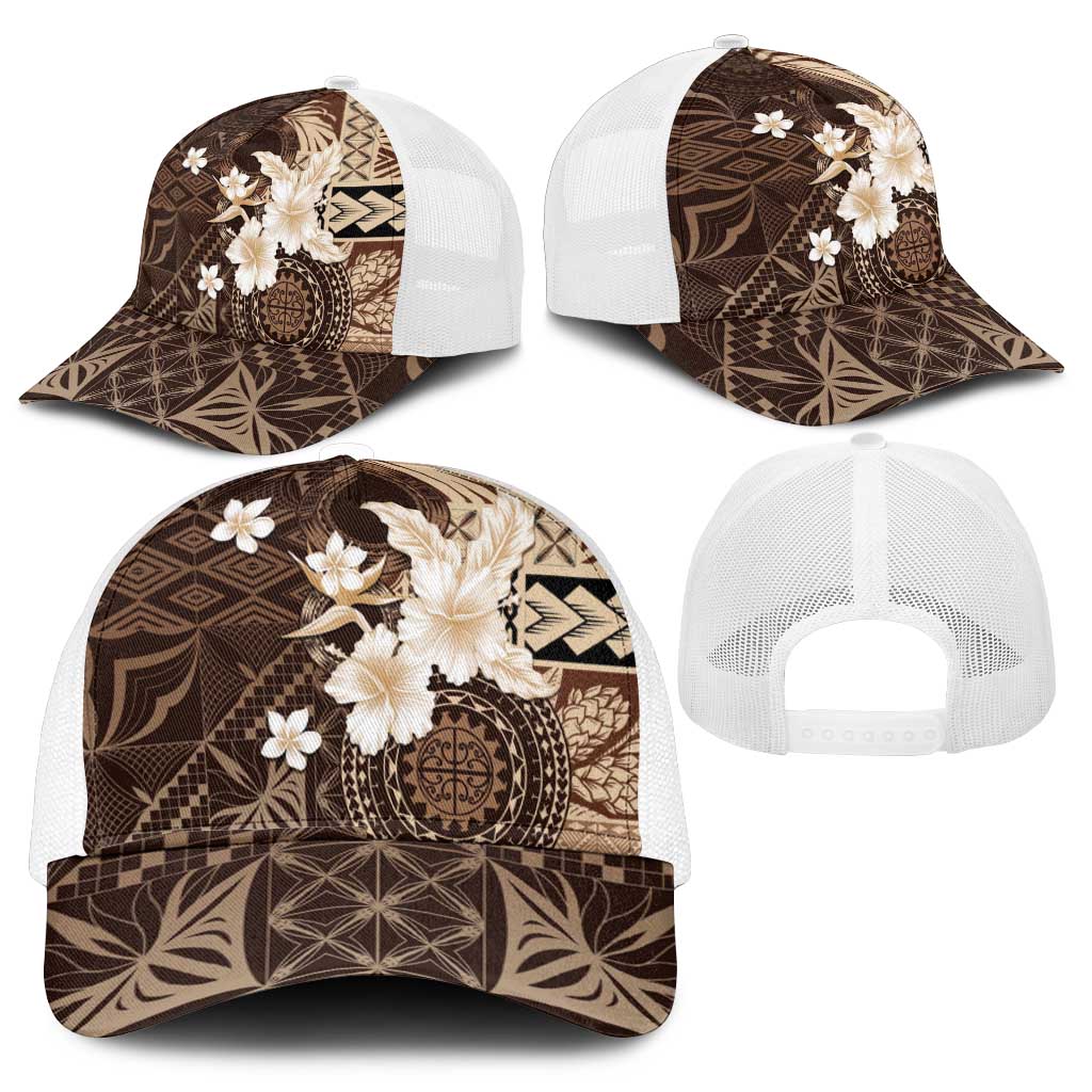 Samoa Siapo Pattern With Brown Hibiscus Mesh Trucker Cap - Polynesian Pride