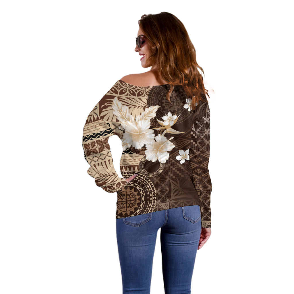 Samoa Siapo Pattern With Brown Hibiscus Off Shoulder Sweater LT05 - Polynesian Pride