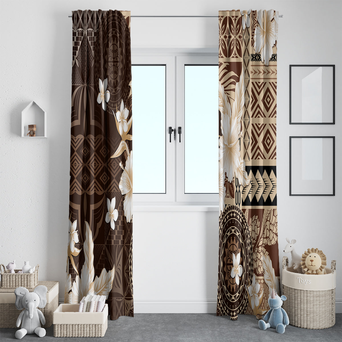 Samoa Siapo Pattern With Brown Hibiscus Window Curtain