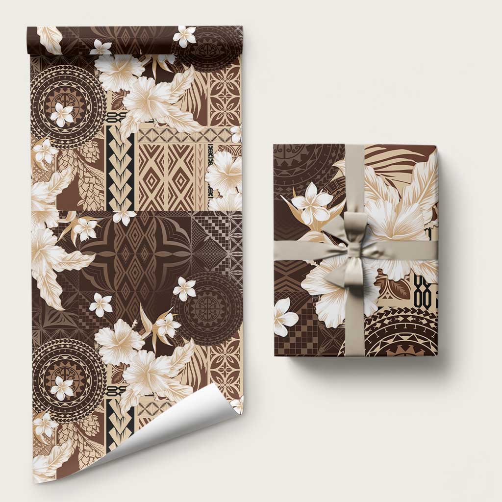 Samoa Siapo Pattern With Brown Hibiscus Wrapping Paper - Polynesian Pride