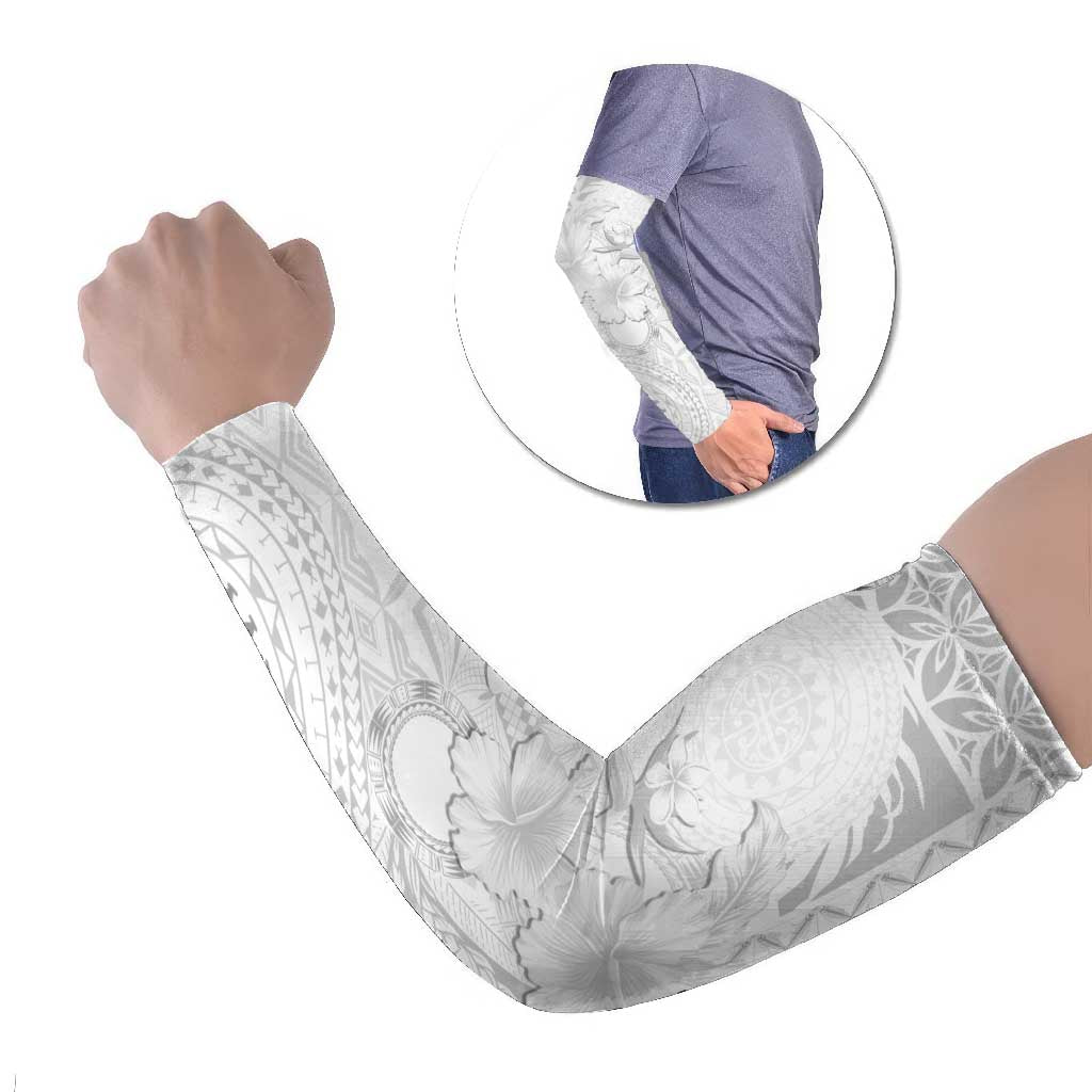Samoa Siapo Pattern With White Hibiscus Arm Sleeves - Polynesian Pride