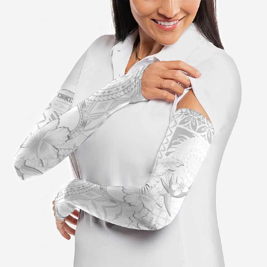 Samoa Siapo Pattern With White Hibiscus Arm Sleeves LT05 - Polynesian Pride