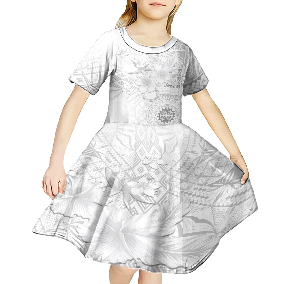 Samoa Siapo Pattern With White Hibiscus Kid Short Sleeve Dress LT05 - Polynesian Pride
