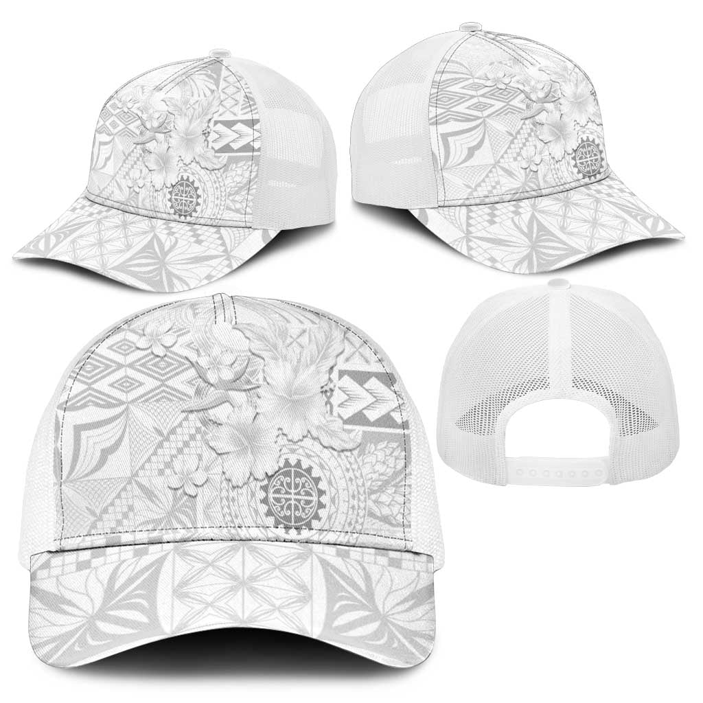 Samoa Siapo Pattern With White Hibiscus Mesh Trucker Cap - Polynesian Pride