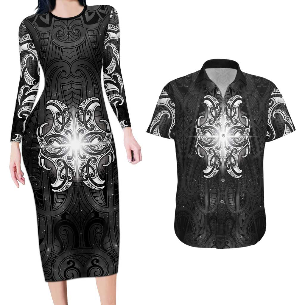 New Zealand Matariki Couples Matching Long Sleeve Bodycon Dress and Hawaiian Shirt Maori Moko Black Galaxy