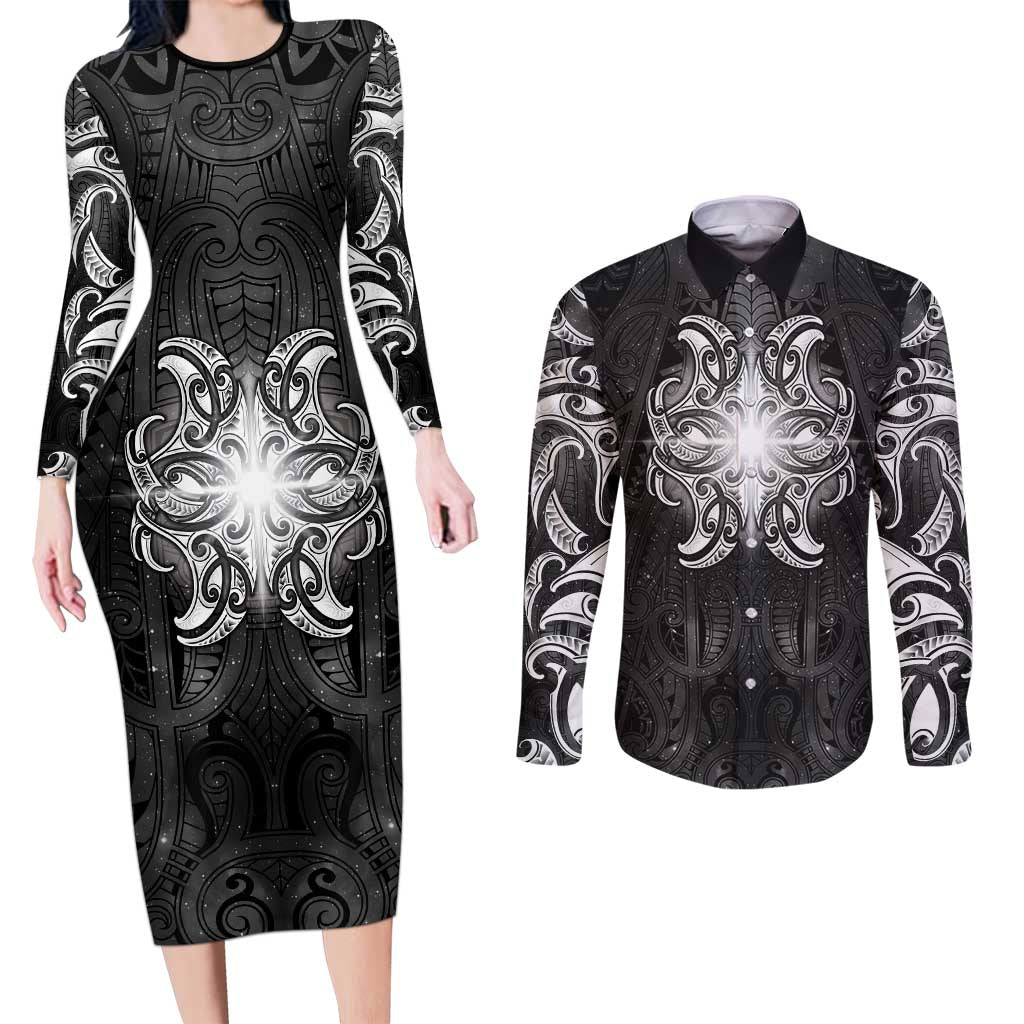 New Zealand Matariki Couples Matching Long Sleeve Bodycon Dress and Long Sleeve Button Shirt Maori Moko Black Galaxy