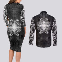 New Zealand Matariki Couples Matching Long Sleeve Bodycon Dress and Long Sleeve Button Shirt Maori Moko Black Galaxy LT05 - Polynesian Pride