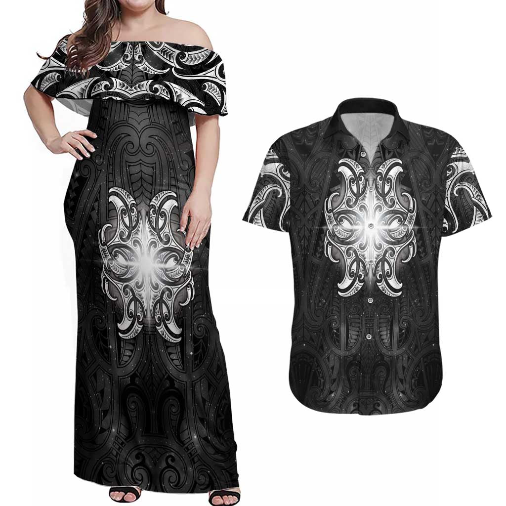 New Zealand Matariki Couples Matching Off Shoulder Maxi Dress and Hawaiian Shirt Maori Moko Black Galaxy LT05 Black - Polynesian Pride