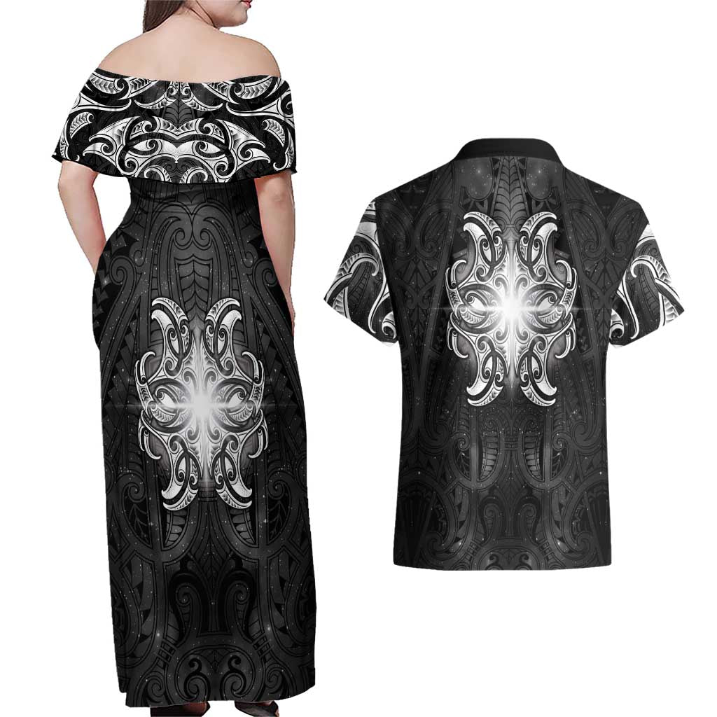 New Zealand Matariki Couples Matching Off Shoulder Maxi Dress and Hawaiian Shirt Maori Moko Black Galaxy LT05 - Polynesian Pride