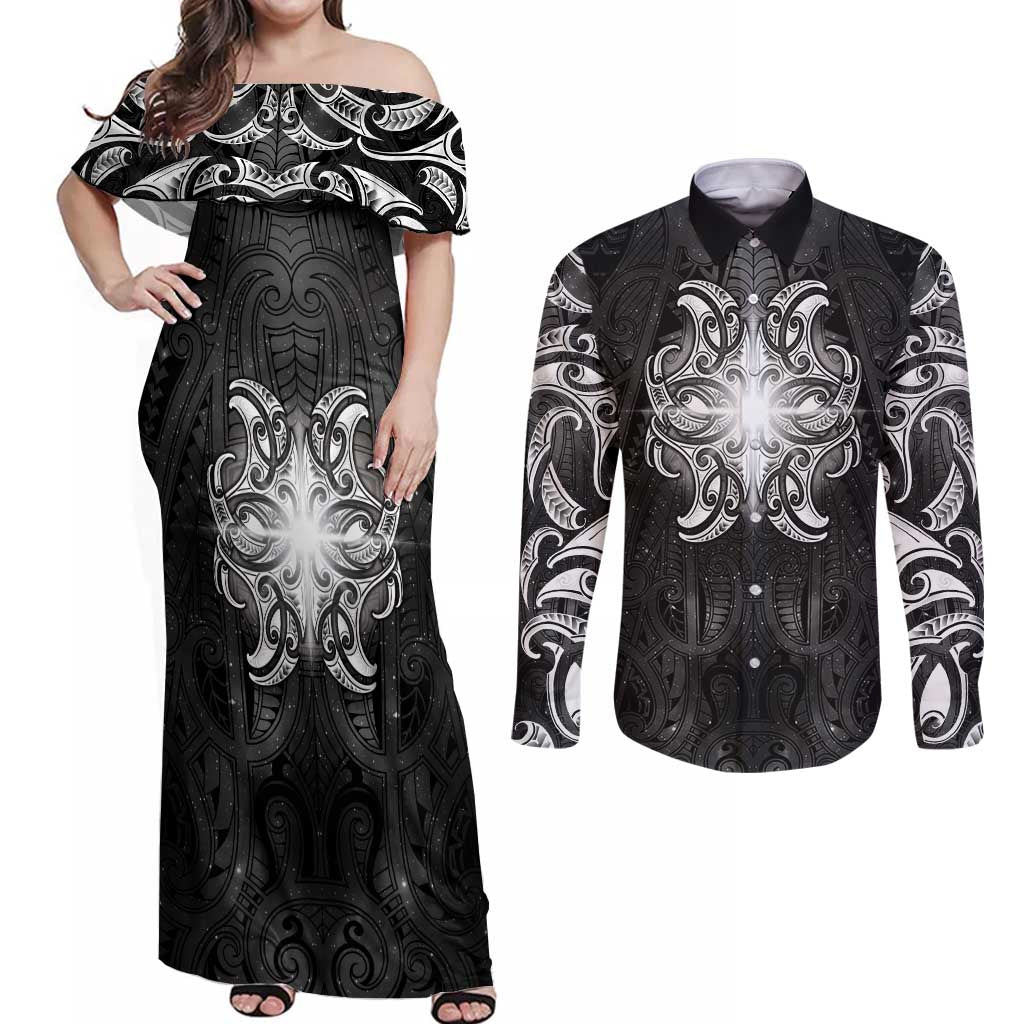 New Zealand Matariki Couples Matching Off Shoulder Maxi Dress and Long Sleeve Button Shirt Maori Moko Black Galaxy