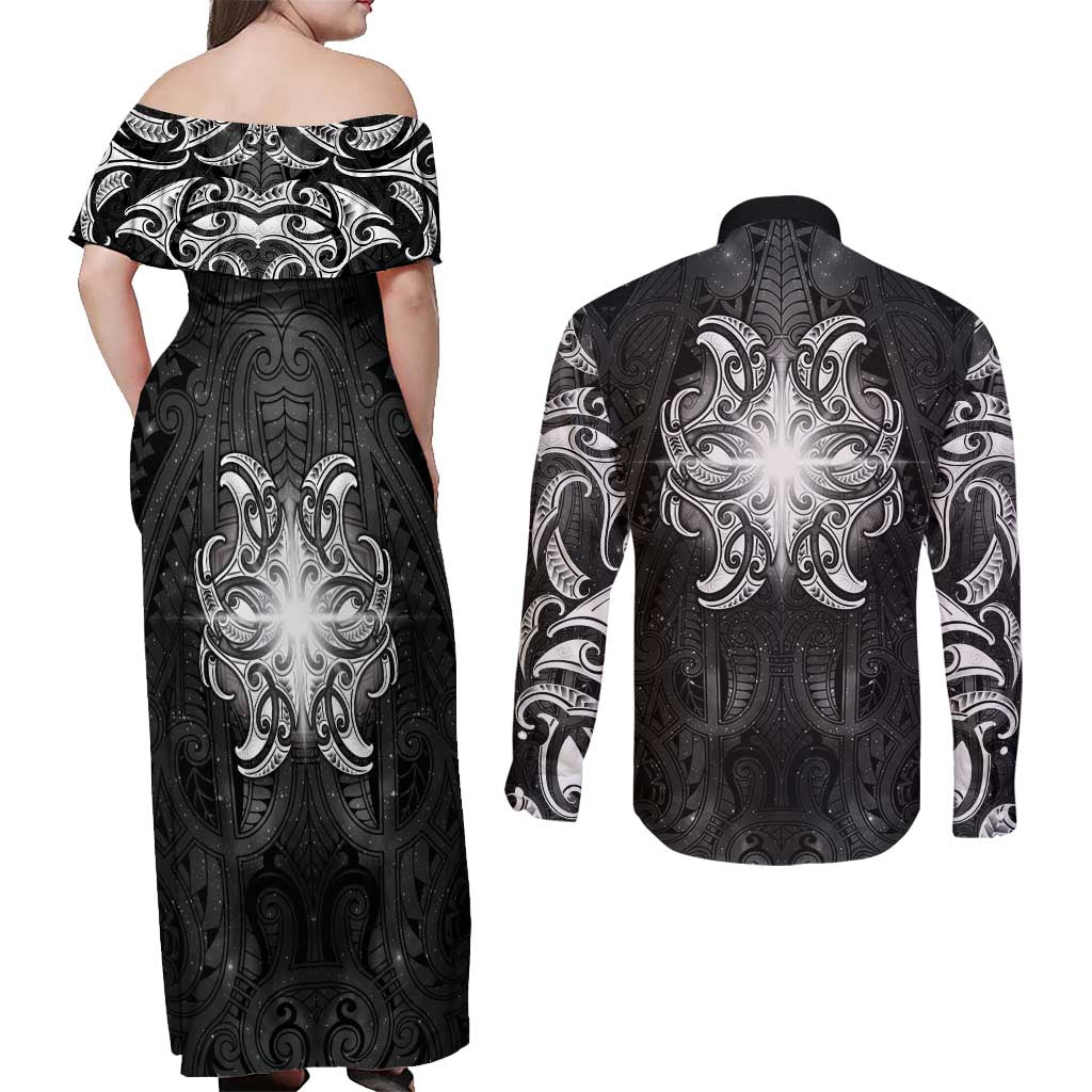 New Zealand Matariki Couples Matching Off Shoulder Maxi Dress and Long Sleeve Button Shirt Maori Moko Black Galaxy