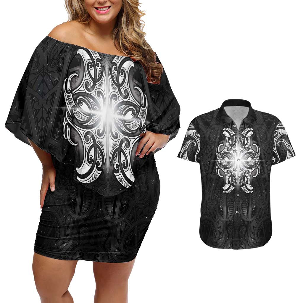 New Zealand Matariki Couples Matching Off Shoulder Short Dress and Hawaiian Shirt Maori Moko Black Galaxy LT05 Black - Polynesian Pride