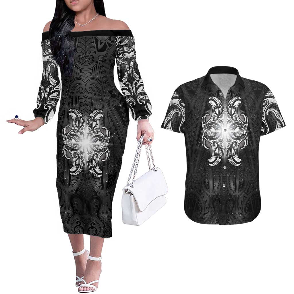 New Zealand Matariki Couples Matching Off The Shoulder Long Sleeve Dress and Hawaiian Shirt Maori Moko Black Galaxy LT05 Black - Polynesian Pride