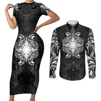 New Zealand Matariki Couples Matching Short Sleeve Bodycon Dress and Long Sleeve Button Shirt Maori Moko Black Galaxy LT05 Black - Polynesian Pride