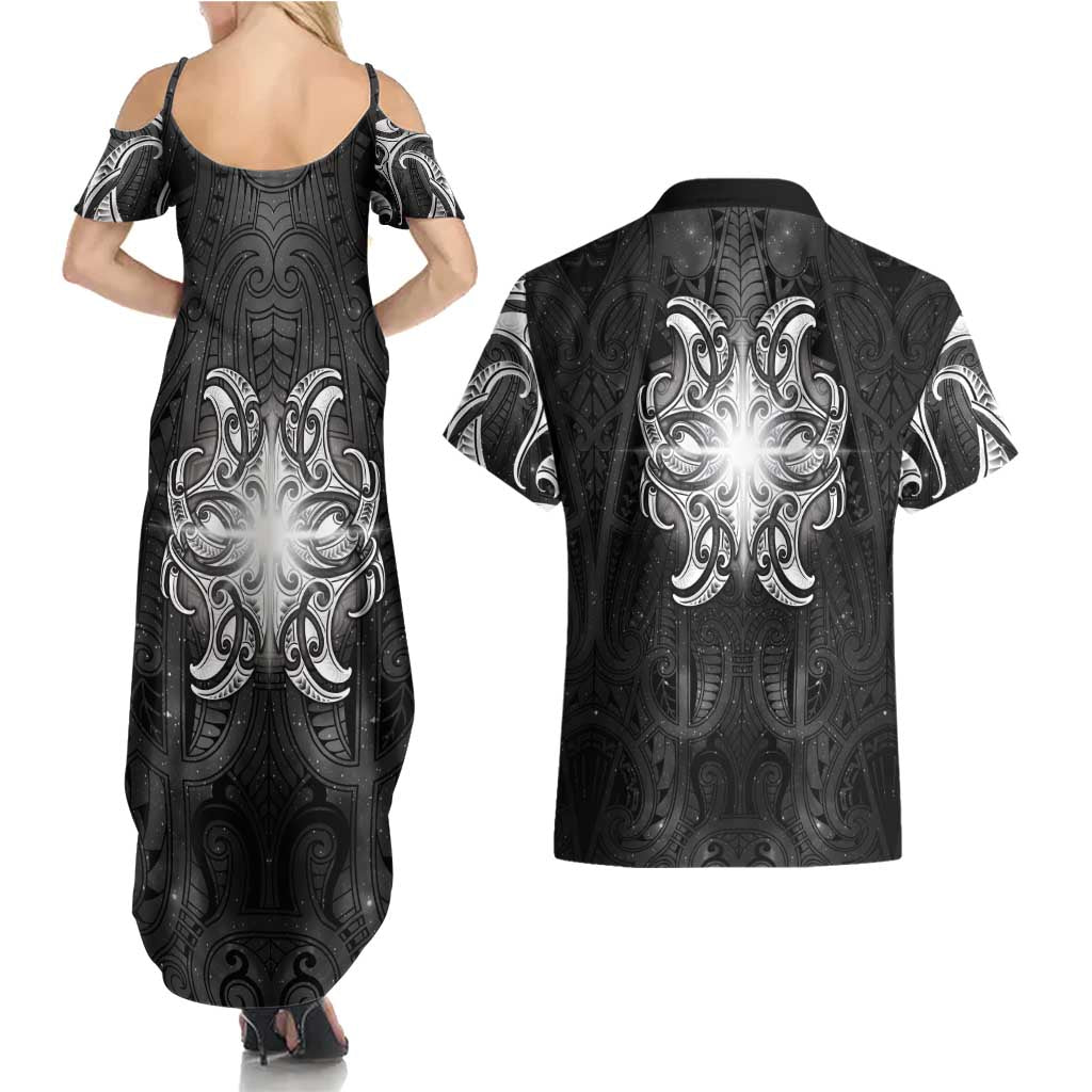 New Zealand Matariki Couples Matching Summer Maxi Dress and Hawaiian Shirt Maori Moko Black Galaxy LT05 - Polynesian Pride