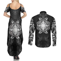 New Zealand Matariki Couples Matching Summer Maxi Dress and Long Sleeve Button Shirt Maori Moko Black Galaxy