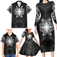 New Zealand Matariki Family Matching Long Sleeve Bodycon Dress and Hawaiian Shirt Maori Moko Black Galaxy LT05 - Polynesian Pride