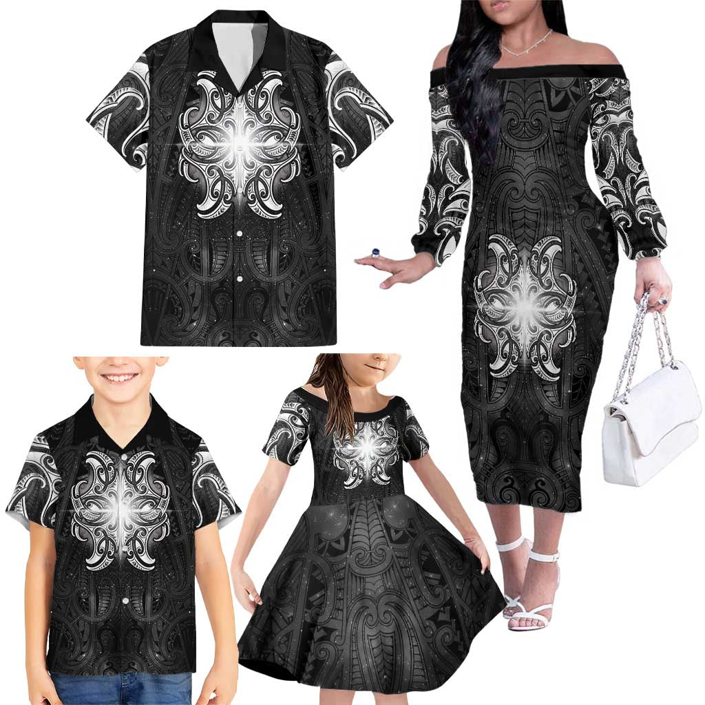 New Zealand Matariki Family Matching Off The Shoulder Long Sleeve Dress and Hawaiian Shirt Maori Moko Black Galaxy LT05 - Polynesian Pride