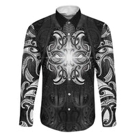 New Zealand Matariki Family Matching Off The Shoulder Long Sleeve Dress and Hawaiian Shirt Maori Moko Black Galaxy LT05 Dad's Shirt - Long Sleeve Black - Polynesian Pride
