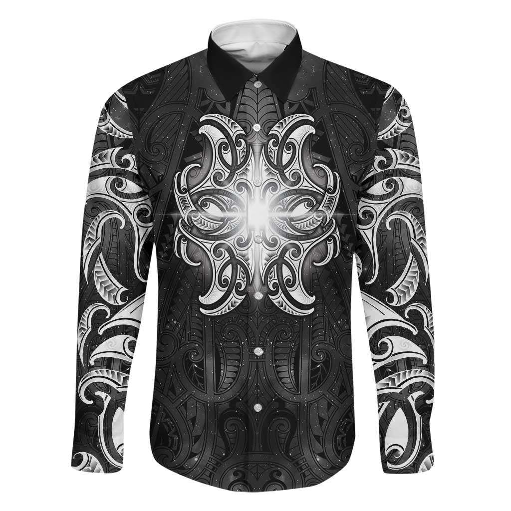 New Zealand Matariki Family Matching Off Shoulder Maxi Dress and Hawaiian Shirt Maori Moko Black Galaxy LT05 Dad's Shirt - Long Sleeve Black - Polynesian Pride