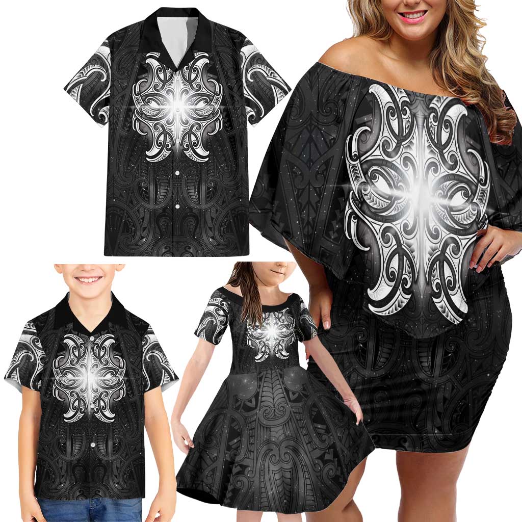 New Zealand Matariki Family Matching Off Shoulder Short Dress and Hawaiian Shirt Maori Moko Black Galaxy