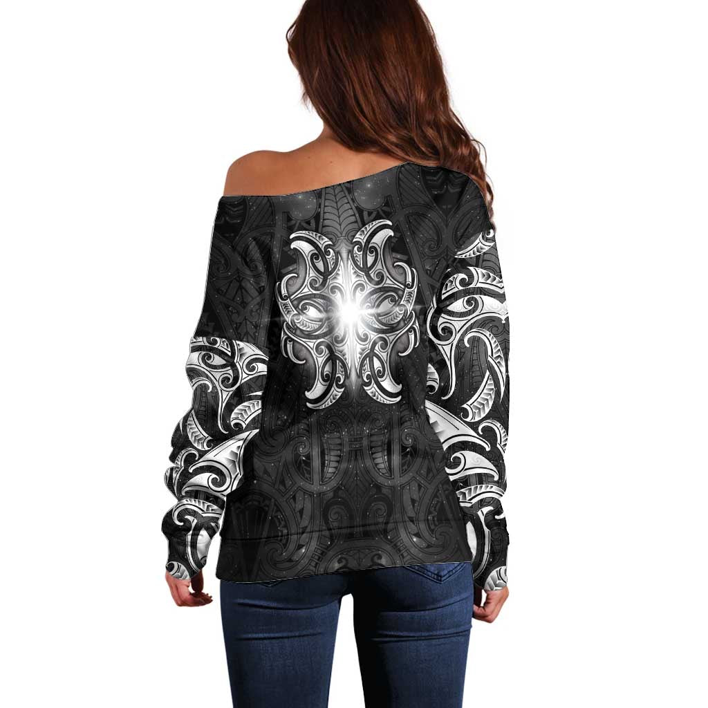 New Zealand Matariki Off Shoulder Sweater Maori Moko Black Galaxy