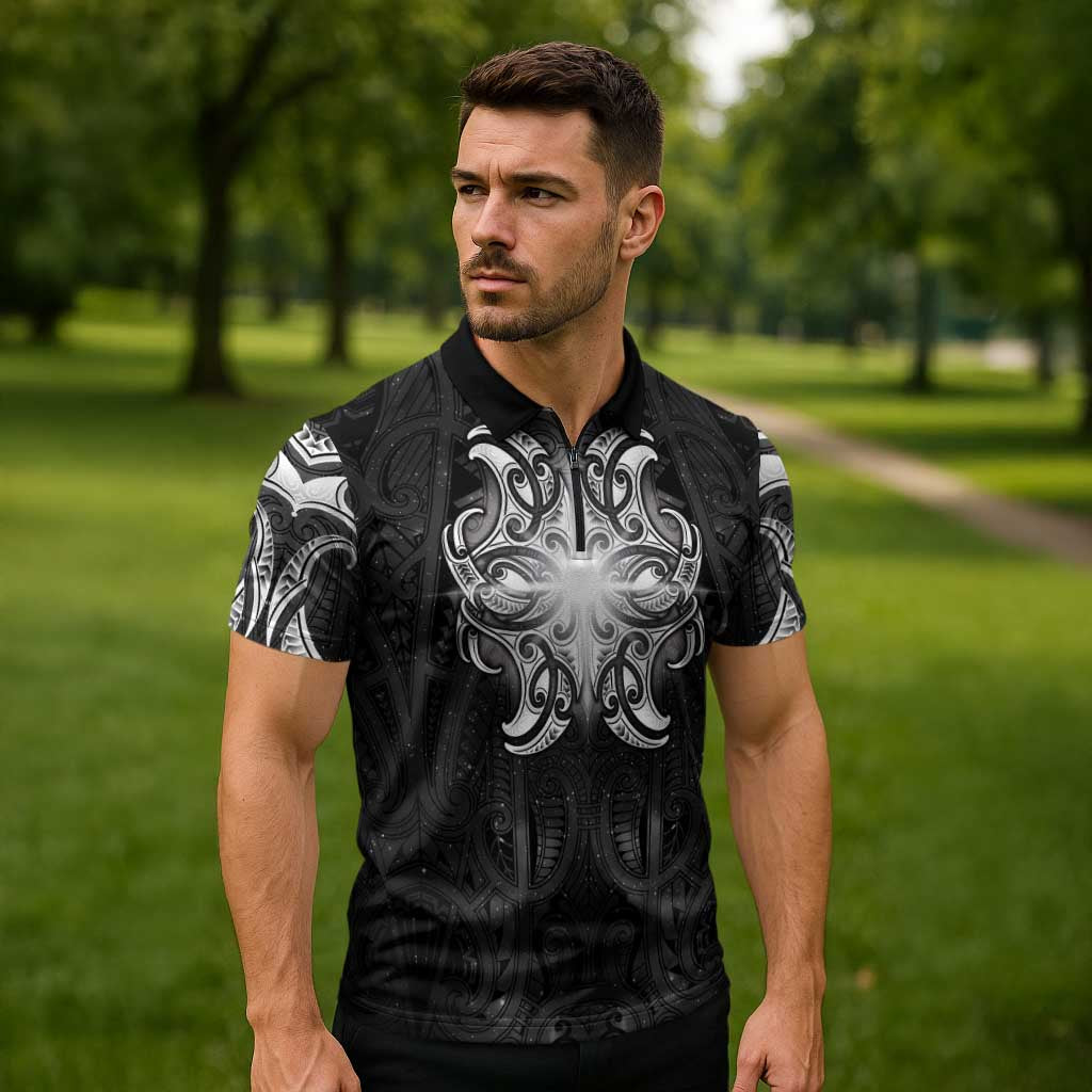 New Zealand Matariki Zipper Polo Shirt Maori Moko Black Galaxy