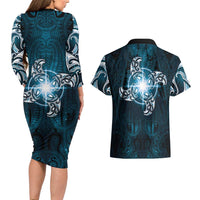 New Zealand Matariki Waita Couples Matching Long Sleeve Bodycon Dress and Hawaiian Shirt Maori Moko Dark Blue Galaxy LT05 - Polynesian Pride