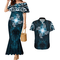 New Zealand Matariki Waita Couples Matching Mermaid Dress and Hawaiian Shirt Maori Moko Dark Blue Galaxy LT05 Blue - Polynesian Pride