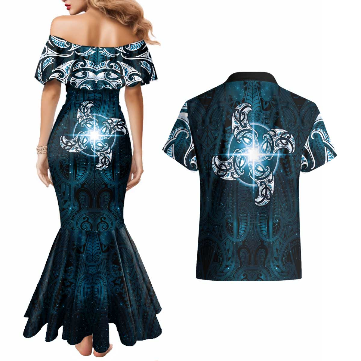 New Zealand Matariki Waita Couples Matching Mermaid Dress and Hawaiian Shirt Maori Moko Dark Blue Galaxy LT05 - Polynesian Pride