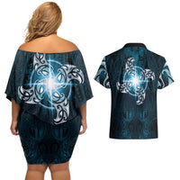 New Zealand Matariki Waita Couples Matching Off Shoulder Short Dress and Hawaiian Shirt Maori Moko Dark Blue Galaxy LT05 - Polynesian Pride
