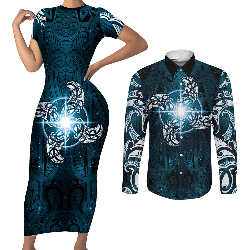 New Zealand Matariki Waita Couples Matching Short Sleeve Bodycon Dress and Long Sleeve Button Shirt Maori Moko Dark Blue Galaxy LT05 Blue - Polynesian Pride