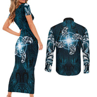 New Zealand Matariki Waita Couples Matching Short Sleeve Bodycon Dress and Long Sleeve Button Shirt Maori Moko Dark Blue Galaxy LT05 - Polynesian Pride