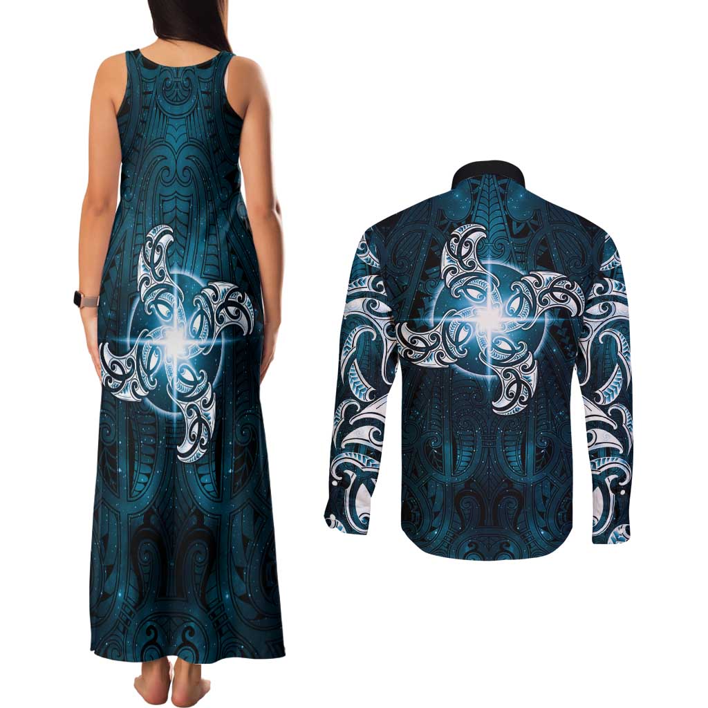 New Zealand Matariki Waita Couples Matching Tank Maxi Dress and Long Sleeve Button Shirt Maori Moko Dark Blue Galaxy