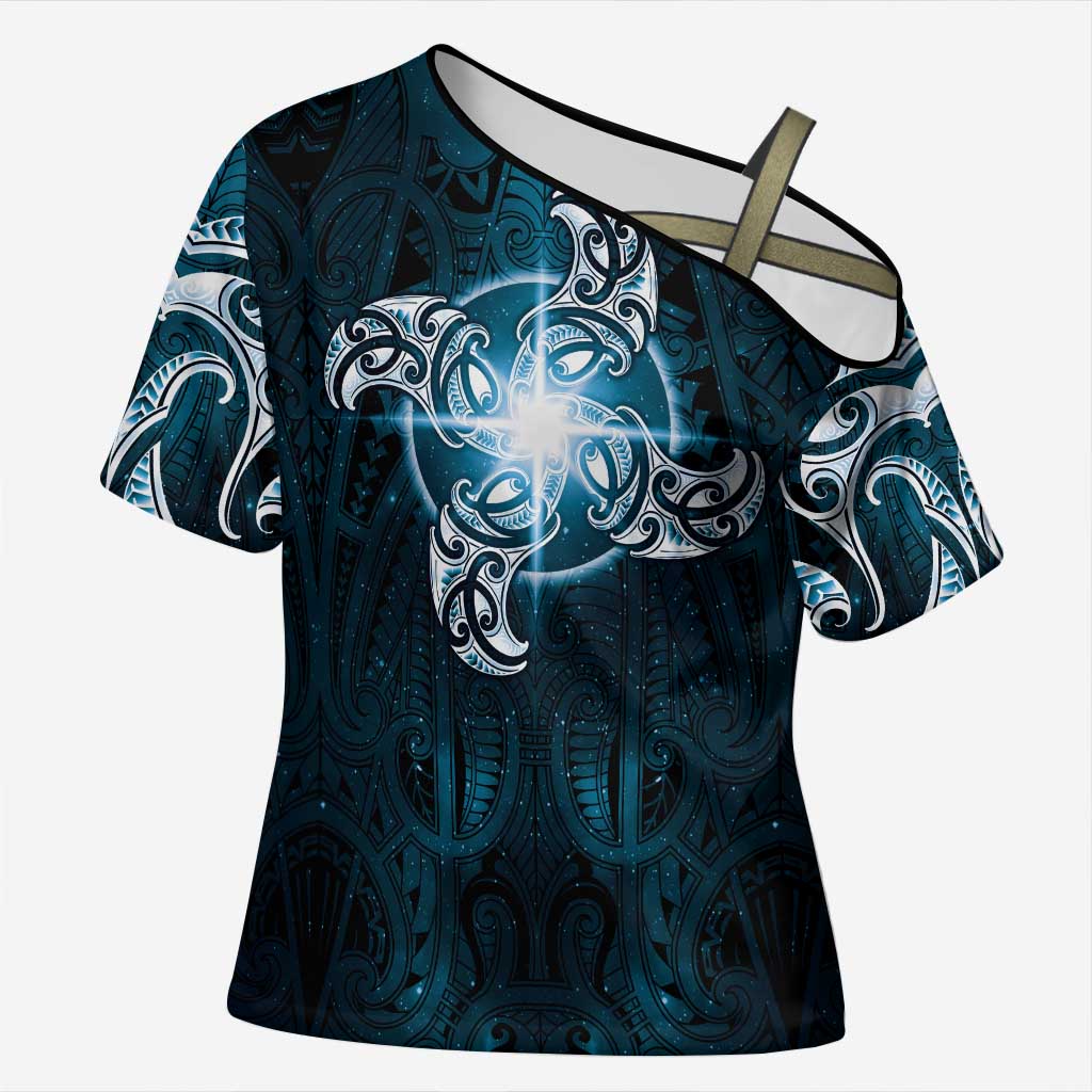 New Zealand Matariki Waita Cross Shoulder Shirt Maori Moko Dark Blue Galaxy
