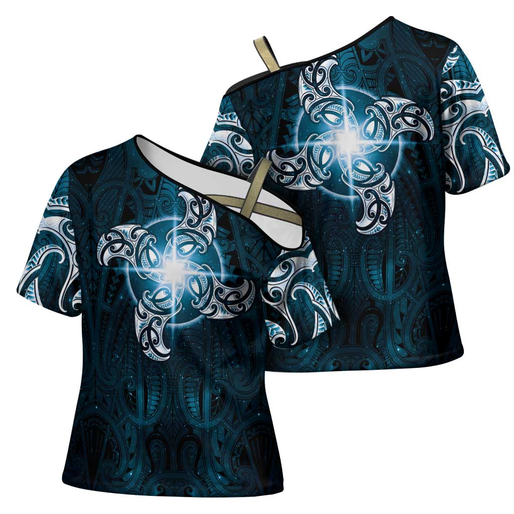 New Zealand Matariki Waita Cross Shoulder Shirt Maori Moko Dark Blue Galaxy
