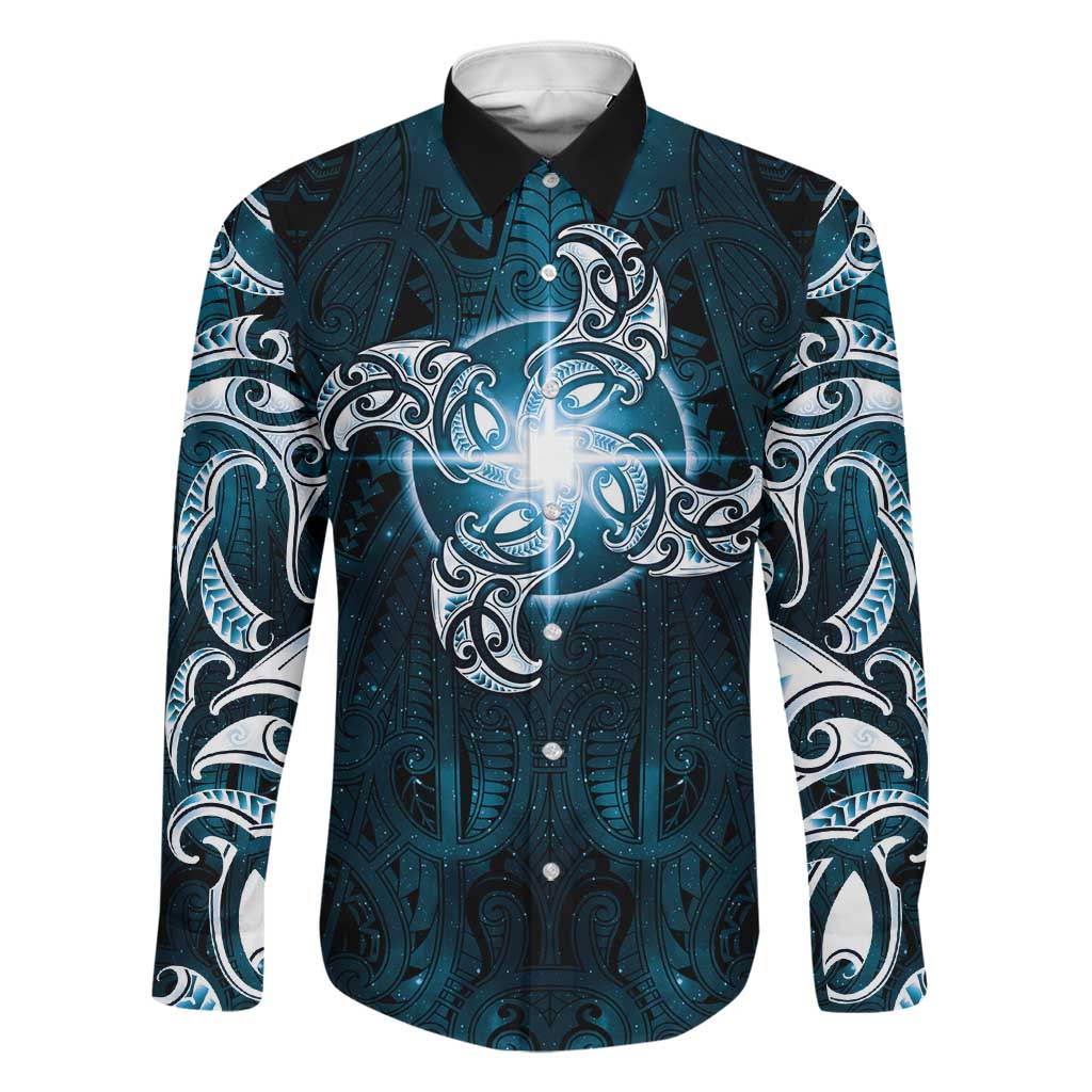 New Zealand Matariki Waita Family Matching Off The Shoulder Long Sleeve Dress and Hawaiian Shirt Maori Moko Dark Blue Galaxy LT05 Dad's Shirt - Long Sleeve Blue - Polynesian Pride