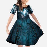 New Zealand Matariki Waita Family Matching Off Shoulder Maxi Dress and Hawaiian Shirt Maori Moko Dark Blue Galaxy LT05 Daughter's Dress Blue - Polynesian Pride