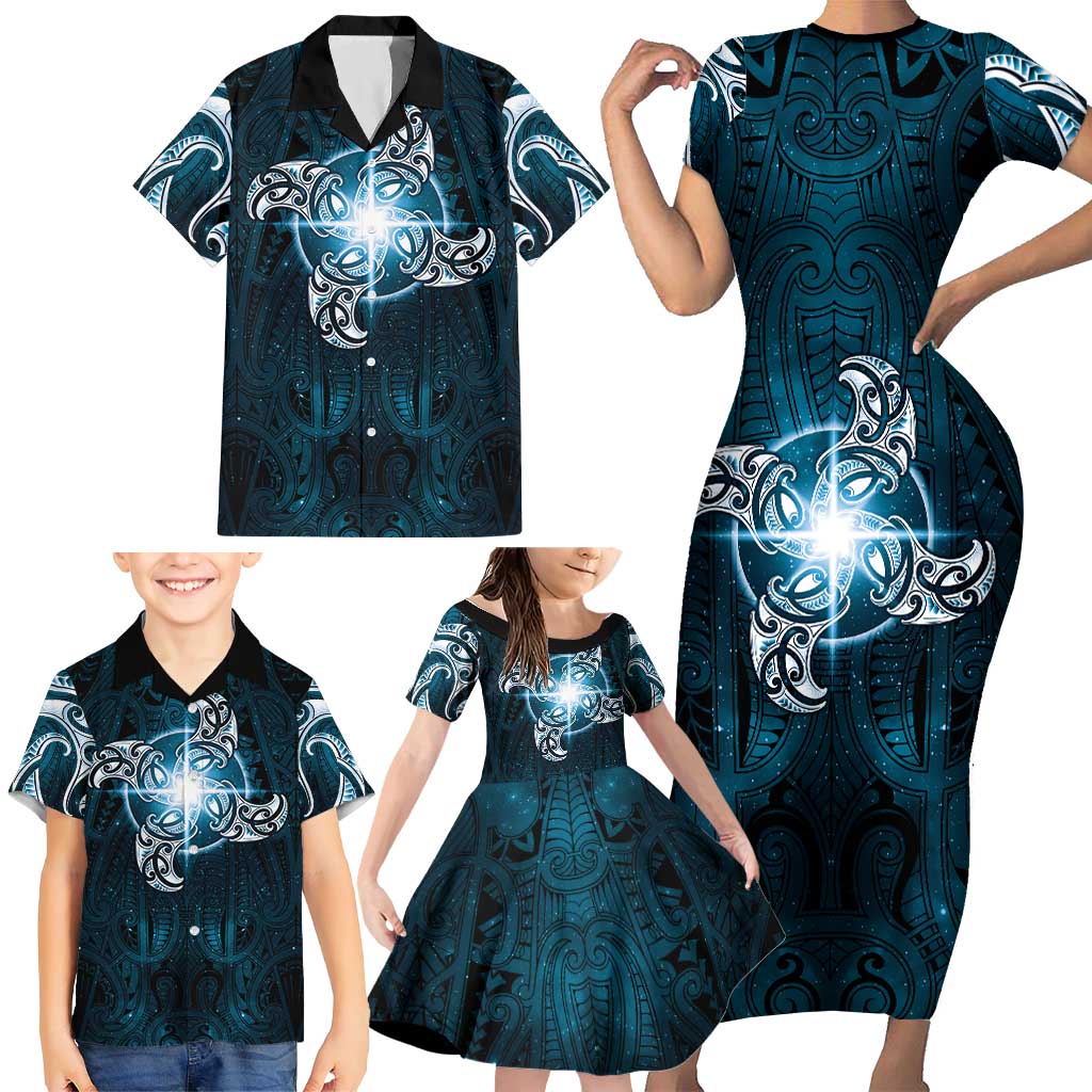 New Zealand Matariki Waita Family Matching Short Sleeve Bodycon Dress and Hawaiian Shirt Maori Moko Dark Blue Galaxy LT05 - Polynesian Pride