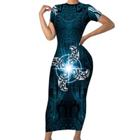 New Zealand Matariki Waita Family Matching Short Sleeve Bodycon Dress and Hawaiian Shirt Maori Moko Dark Blue Galaxy LT05 Mom's Dress Blue - Polynesian Pride