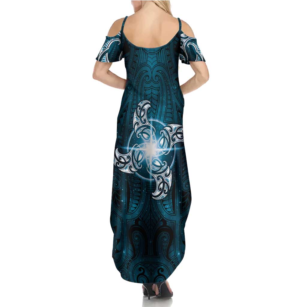 New Zealand Matariki Waita Family Matching Summer Maxi Dress and Hawaiian Shirt Maori Moko Dark Blue Galaxy LT05 - Polynesian Pride
