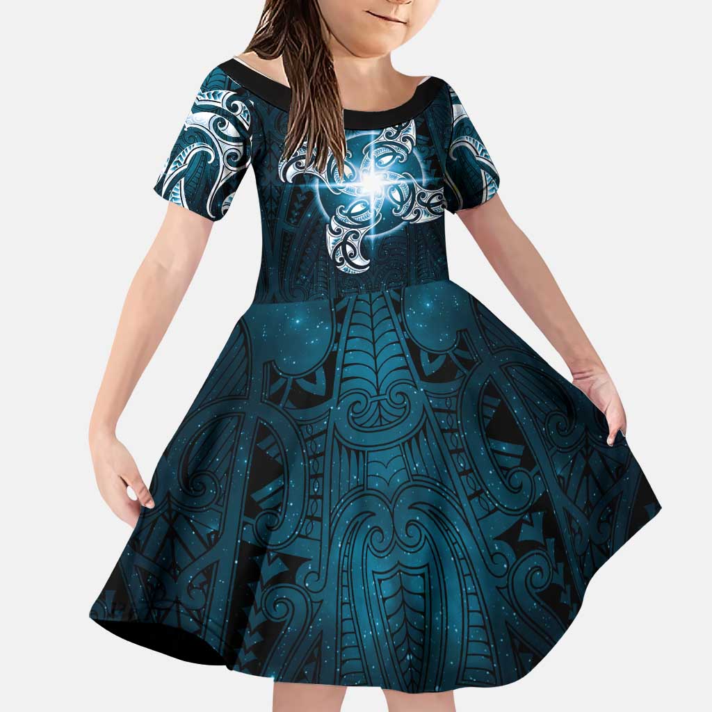 New Zealand Matariki Waita Family Matching Tank Maxi Dress and Hawaiian Shirt Maori Moko Dark Blue Galaxy LT05 Daughter's Dress Blue - Polynesian Pride