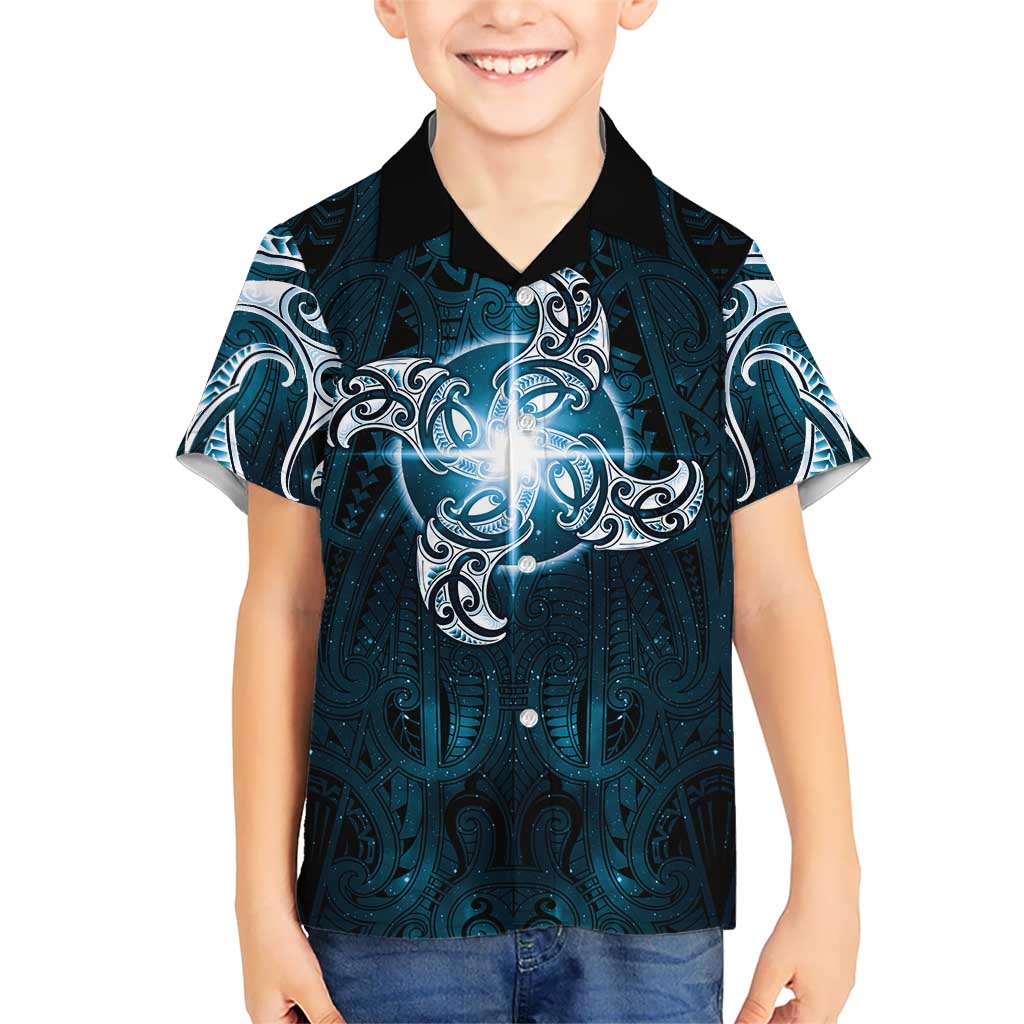 New Zealand Matariki Waita Kid Hawaiian Shirt Maori Moko Dark Blue Galaxy